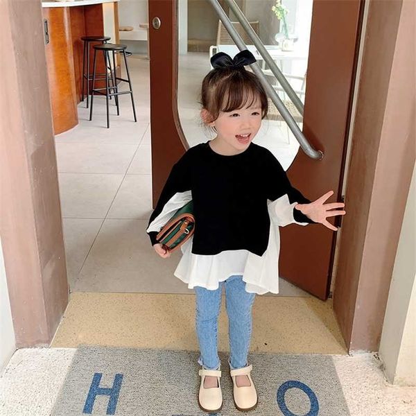 

spring fall girls fashion patchwork long sleeve shirts soft comfortable loose chic blouses children 220125, White;black