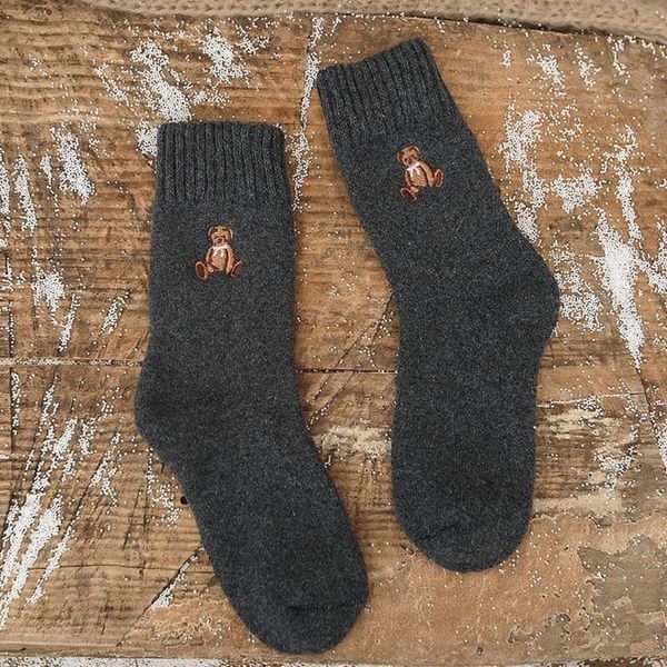 

rekek autumn and winter wool warm women's warm socks stockings wool thickened embroidered bear terry boots socks short mid-calf new uya, Black