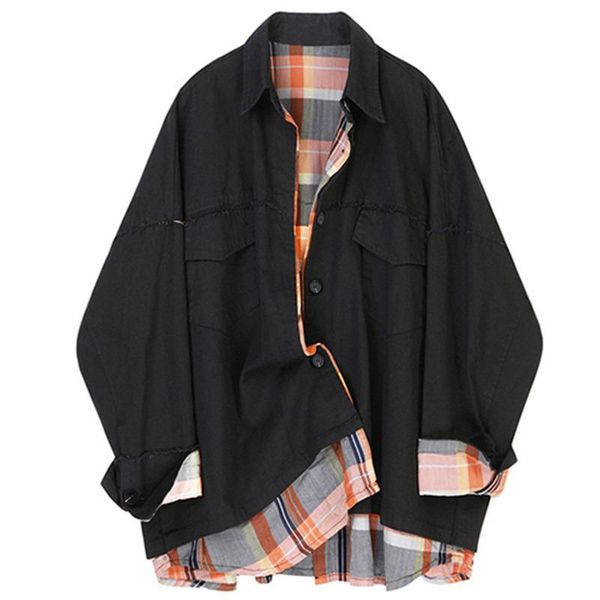 

ewq] 2021 winter female turn down collar single breasted minimalist loose patchwork plaid short jacket cardigan coat 8q303, Black;brown