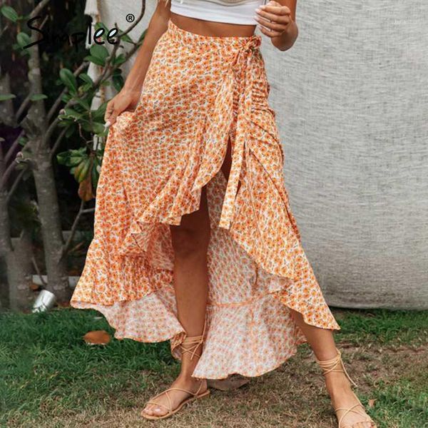 

simplee bohemian floral print women long skirt high waist lace up ruffle female summer skirts holiday beach ladies bottoms 20201, Black