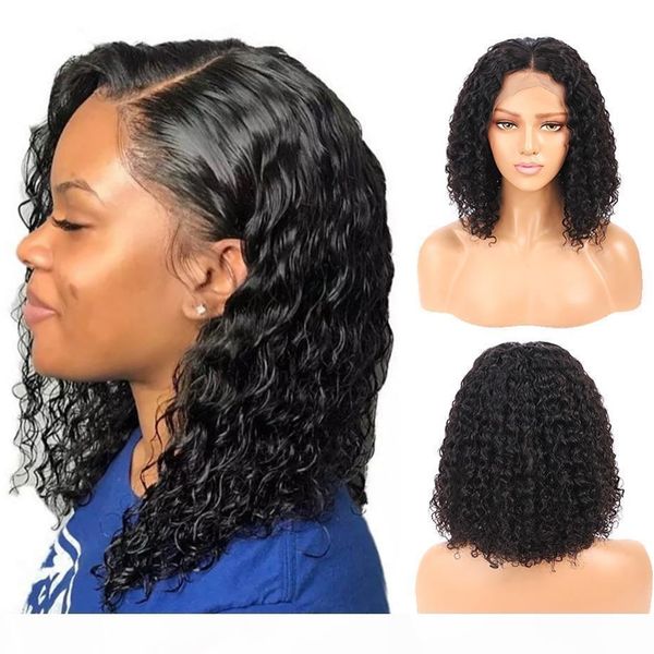 

bob wig peruvian deep wave lace front human hair wigs for black women remy hair 13x4 pre plucked short curly human hair wig, Black;brown