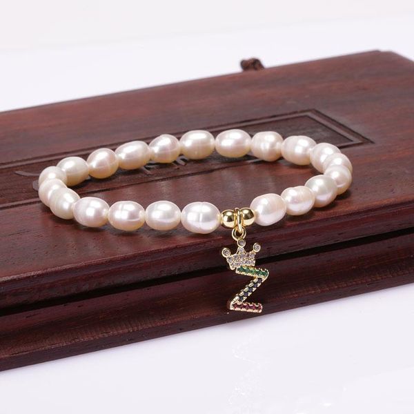 

charm bracelets 2021 couple letter bracelet mixed cz 26 initials pendant natural freshwater pearl beaded charms bangle dainty gift, Golden;silver