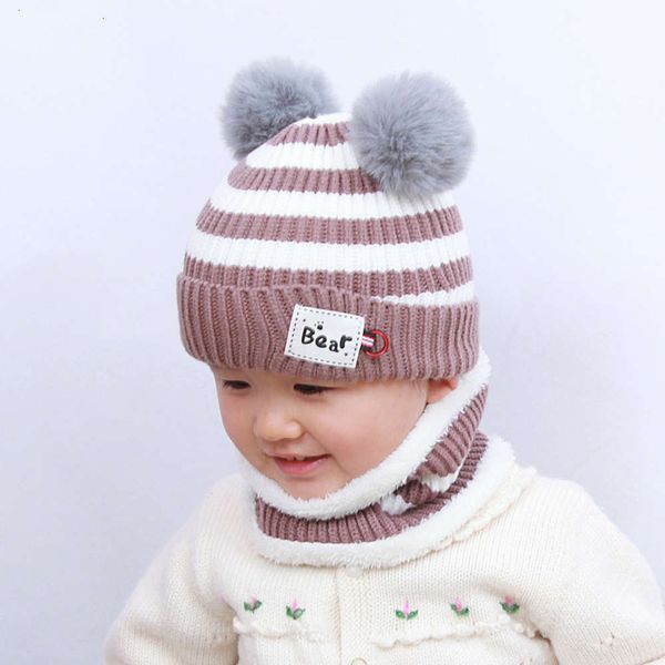 

winter baby's children's striped autumn ear protection woolen collar boys' and girls' double ball knitted hat pullover, Red;brown