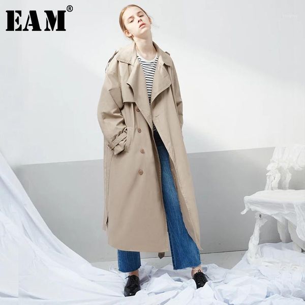 

eam] women khaki double breasted long big size trench new lapel long sleeve loose fit windbreaker fashion spring 2020 jx13901, Tan;black