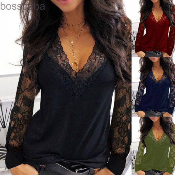 

lace hollow women t-shirts long sleeve v neck slim woman fashion casual plus size women clothing designer t shirts 815, White