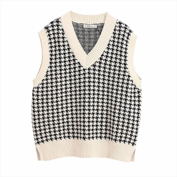 

stylish chic houndstooth plaid sleeveless sweater women fashion v neck pullovers elegant ladies casual jumpers drop shipping, White;black