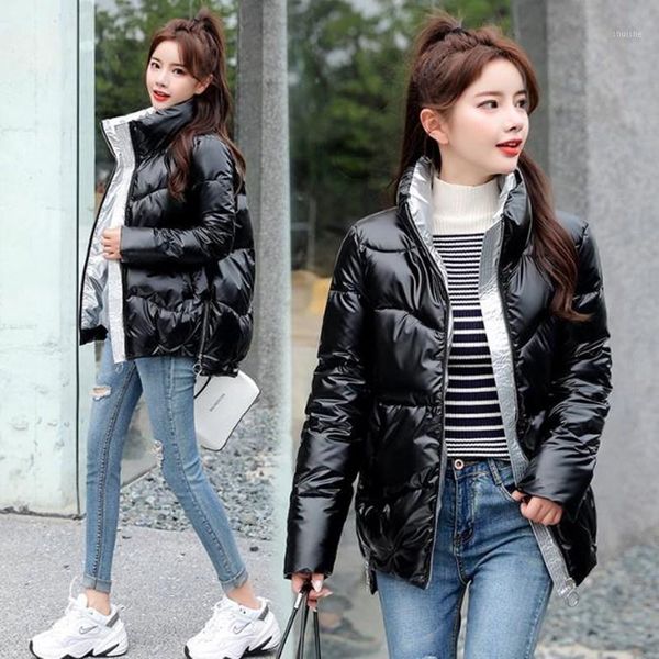 

2020 new winter women down cotton coats plus size warm outerwear thick fashion stand collar glossy short jacket female parka1, Black