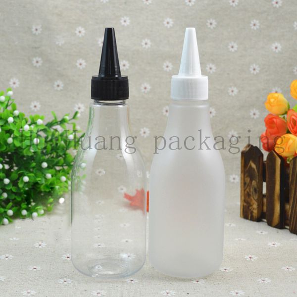 30 stks 200 ml lege doorzichtige matte plastic fles, pet fles met wit zwart twist top caps, puntige mond dop