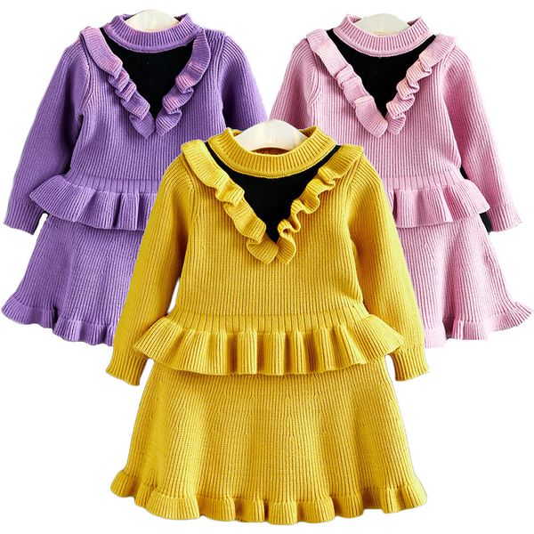

baby girl winter knitting long sleeves dress kids ruffles elegant frocks suit child fashion suits toddler cute outdoor clothes 1023, Red;yellow