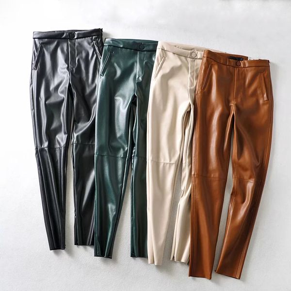

new womens pu skinny pant trousers zoravicky slim leather pencil pants high waist zipper winter warm sweatpant brown black lj200820, Black;white
