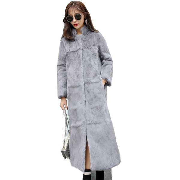 

super long women's genuine real full rabbit fur coat mandarin collar grey customize plus size new winter fur overcoat tsr847 201103, Black