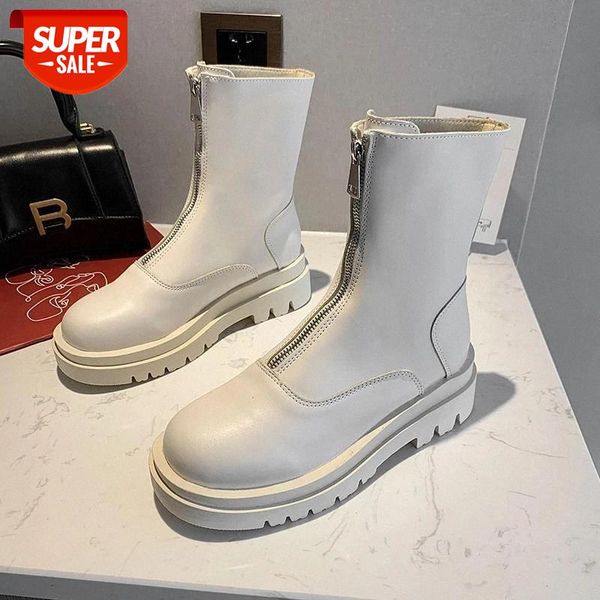 

2020 women soft leather motorcycle boots front zipper knight snow botas woman low square heel short boots winter footwear femme #3j3j, Black