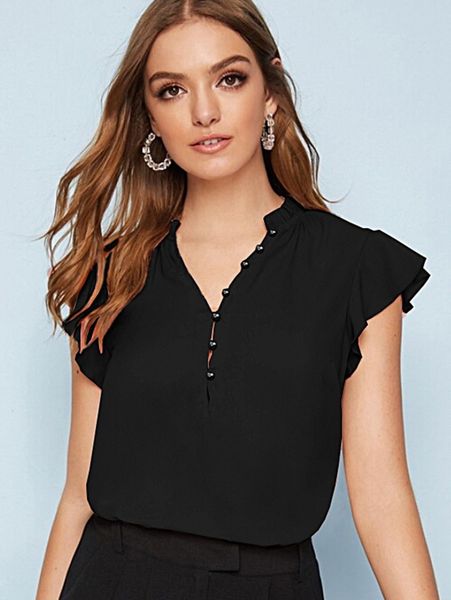 

solid covered button butterfly sleeve blouse c1sm#, White