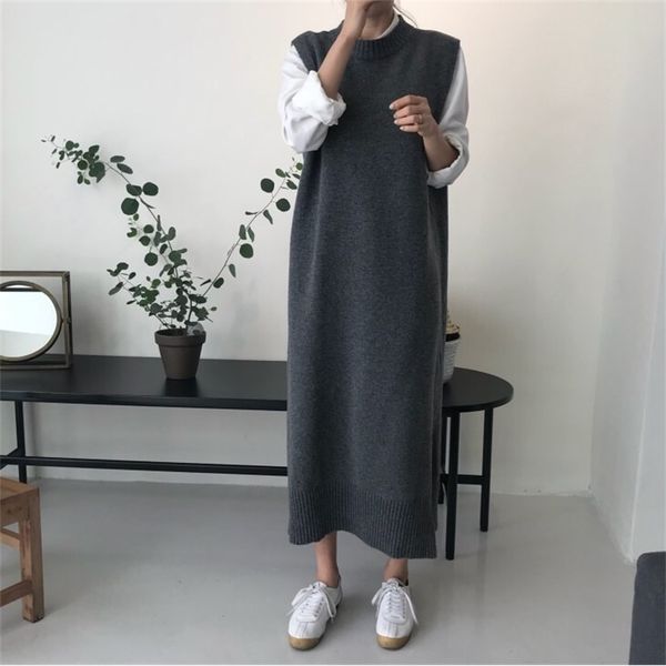 

side split warm women autumn winter long sweater knitted sundress loose o neck sleeveless long vest dresses robe femme vestido 201221, White;black