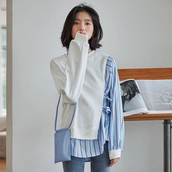 

women's blouses & shirts spring autumn women korean long sleeved lace up stripe patchwork loose o neck blouse ladies casual, White
