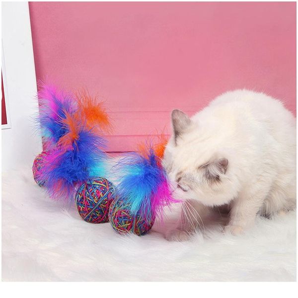 

2pcs cute funny cat toys stretch plush ball cat toy ball feather colorful interactive cat chew toy for cats pet qylokw