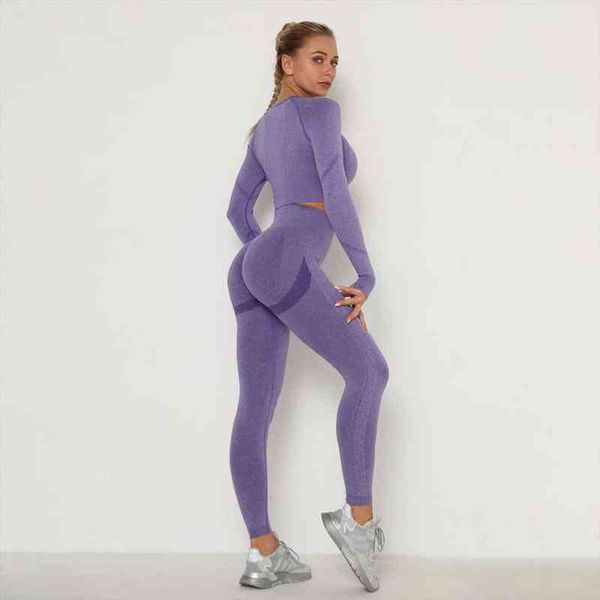 

high waist seamless women gym set long sleeve belly control running leggings sports clothing tracksuit sport suit sportwear, White