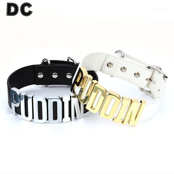 1 teile/los Breite Gold Rhodium Farbe Brief Faux Leder Choker Halsketten Kragen Weiß Schwarz Mode Frauen Punk Party Schmuck1