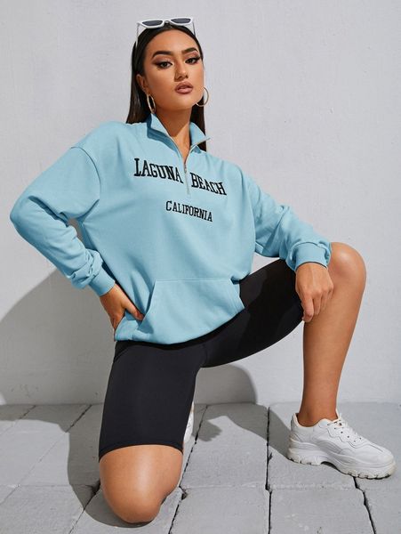 

letter embroidery half zip drop shoulder sweatshirt c6se#, White;black