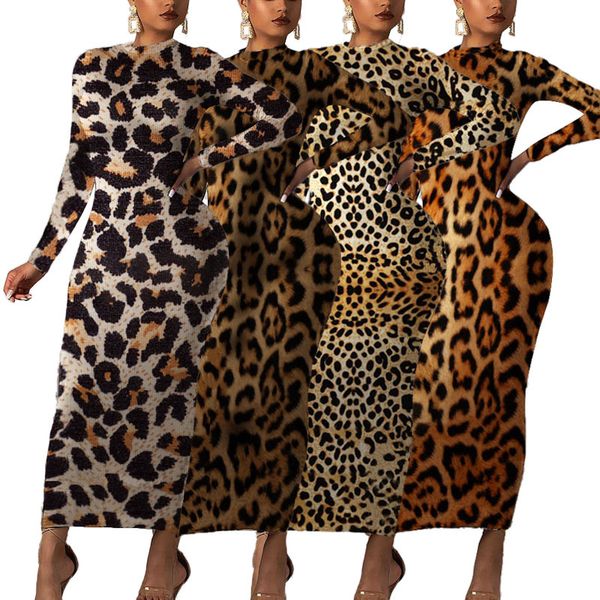 

leopard long sleeve women dresses fashion o neck slim pencil dress autumn winter casual women bodycon clothing, Black;gray
