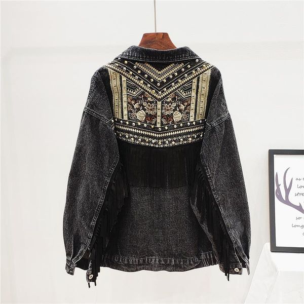 

denim jacket floral embroidery suede fringe loose chaquetas mujer coat women long sleeve tassel outerwear jacket streetwear, Black;brown