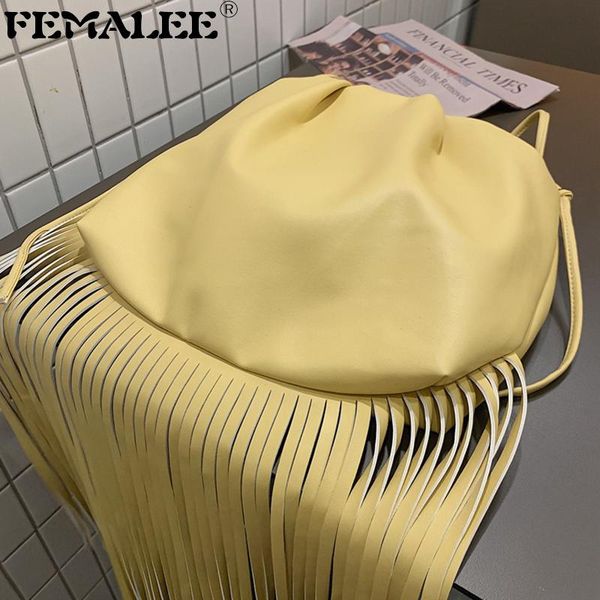 

trendy solid color tassel bucket bag women retro large capacity messenger bags elegant pu leather shoulder handbag ruched purse
