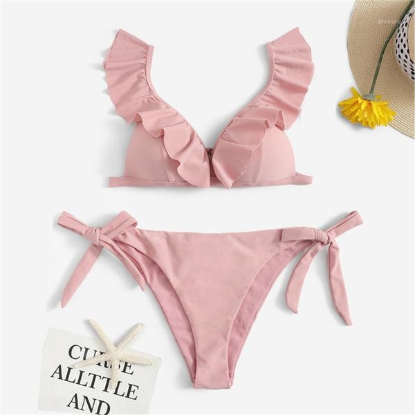 

ruffle bikini women solid swimwear bow swimsuit brazilian biquini push up bikinis pad bathing suit pink mujer micro beach1