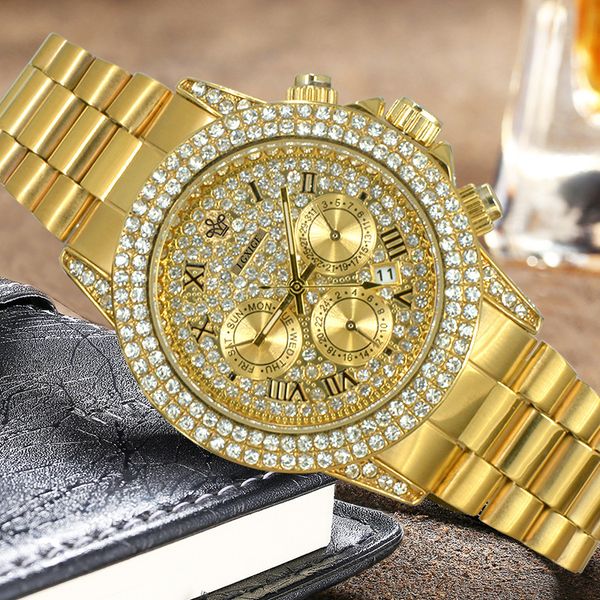 

luxury watches for men luxury brand fashion men watches quartz waterproof gold diamond watch iced out wristwatch relogio fashion de, Slivery;brown