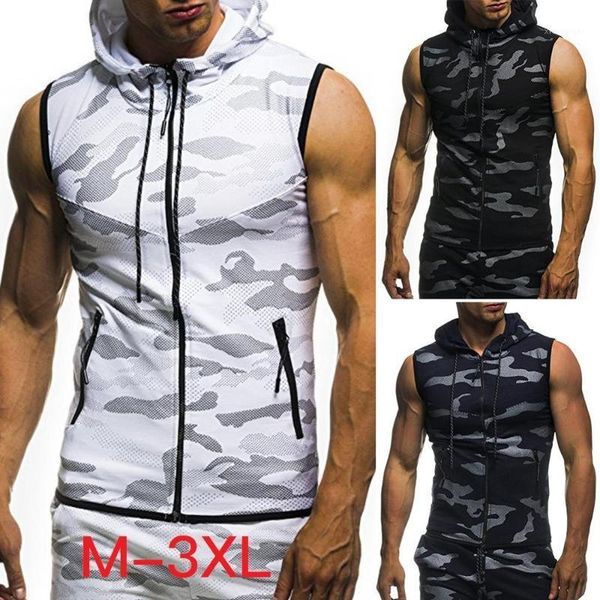 

outdoor t-shirts 2021 men's vest fashion lightweight sleeveless camouflage hooded sweatshirt cycling running fitness sports, Gray;blue