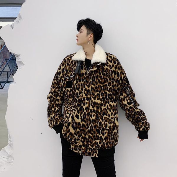 

2019 men's leopard print coat thickening lamb snow jacket loose cotton-padded clothes grey/brown color parkas in warm outerwear1, Black