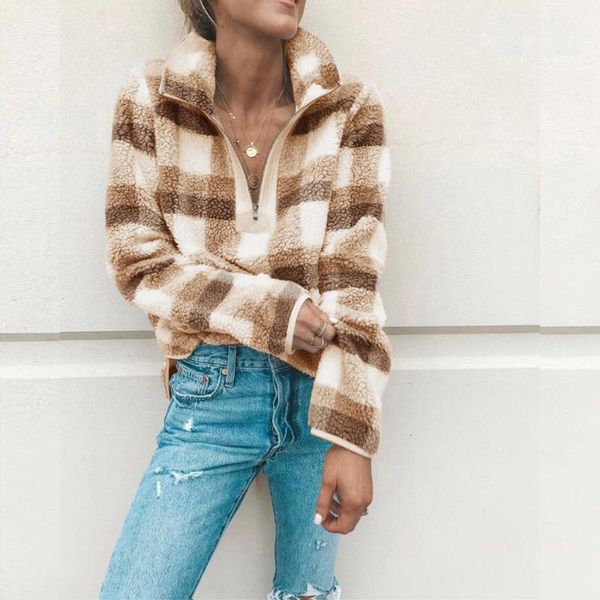

018 autumn and winter fashion plaid long-sleeved high-neck zipper blouse sweatshirt jacket, Black