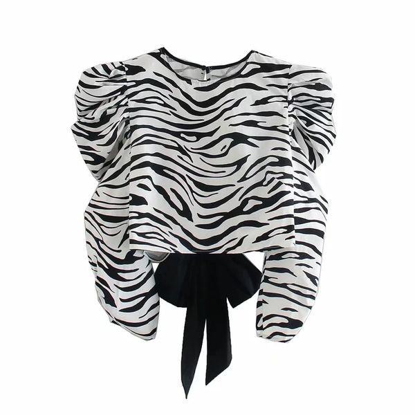 

2021 new women vintage o-neck animal print backless cropped blouses ladies fashion bow tied three quarter sleeve chic 2wlm, White