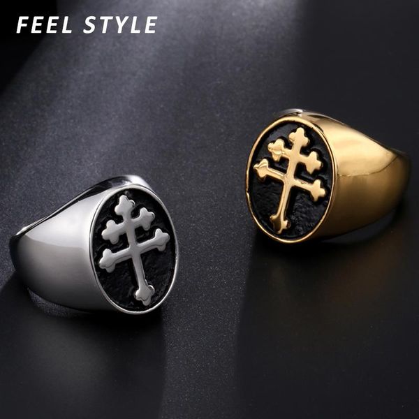 

cluster rings orthodox church cross gold silver color 316l stainless steel bague homme for male religion jewelry, Golden;silver