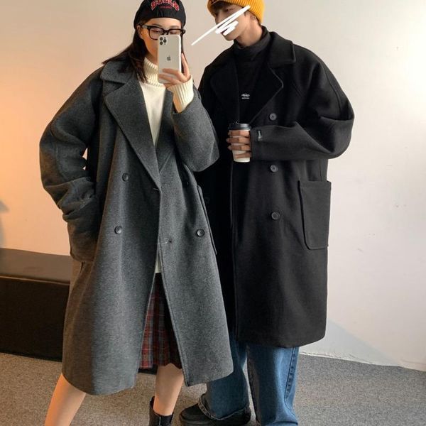 

men's trench coats coat 2021 autumn winter slim solid color lovers thick relaxed leisure personality youth wear, Tan;black