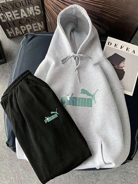 

plush sweater men's hooded sports suit loose and versatile, Black