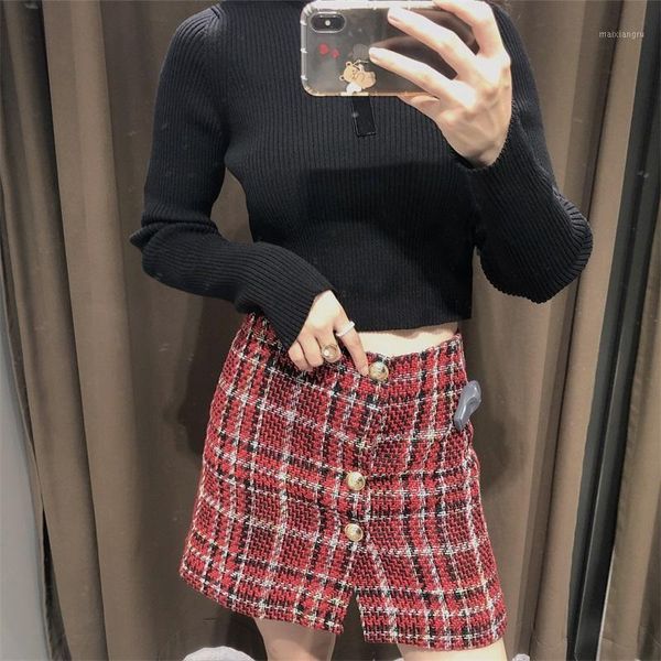 

traf women 2020 wear hem tweed mini skirt retro high waist button decoration casual women skirt streetwear1, Black