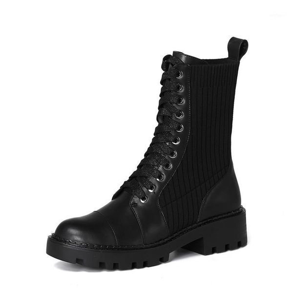 

retro british style thick-soled matin boots new leather elastic cloth women high-shoes ladies handsome riding ankle boots1, Black