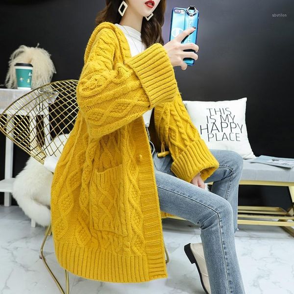 

women's knits & tees sweater woman 2021 knitted cardigan autumn loose hooded long female vintage outwear plus size coats 55351, White
