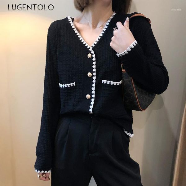 

lugentolo women's knitted shirt cardigan autumn long-sleeved blouse new sweet v-neck pocket lady elegant all-match shirts1, White