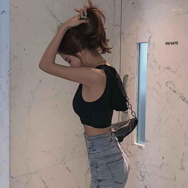 

fashion women's shirt tank korean style fashion solid casual hooded collar croped feminino camisole 20201, White