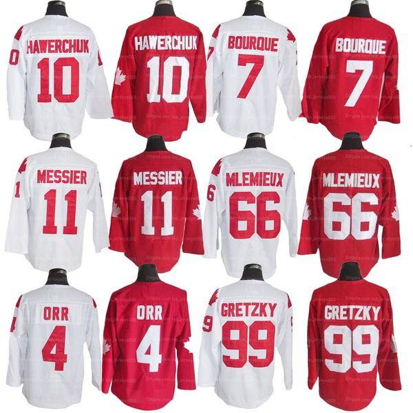 

custom team canada hockey jersey 99# gretzky 66# lemieux 4# bobby orr 7# bourque 10# hawerchuk 11# messier men's stitched white red siz, Black;red