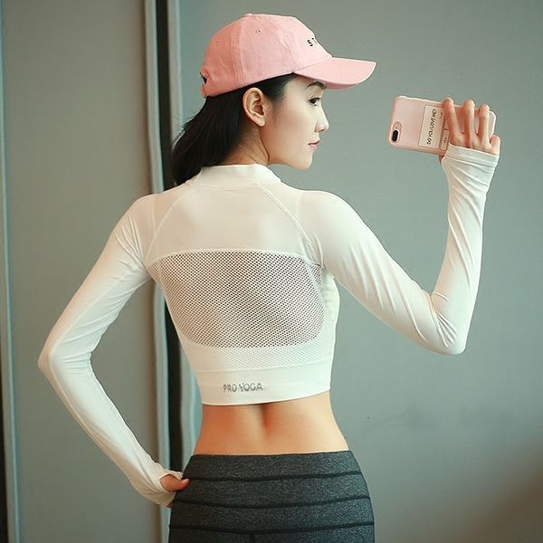 

breathable back mesh t shirt yoga long sleeve with thumb holes fitness crop slim running sport shirts fitness clothing, Black;red