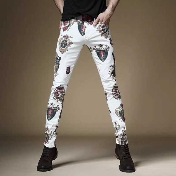 

new fashion male men's jeans slim fashion brand feet dye down ink jet printing graffiti summer thin white pants q0105, Black;white