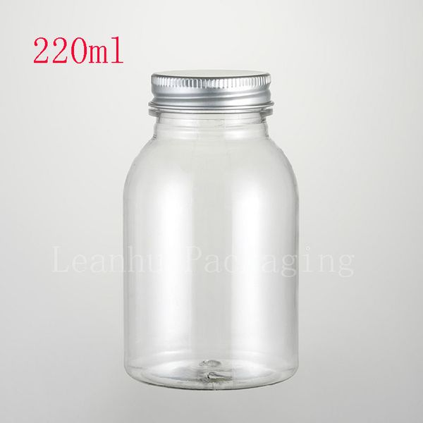 220 ml leerer Kunststoff-Badesalzbehälter, Pulveraufbewahrung, nachfüllbare PET-Flasche, Aluminiumdeckel, flüssige Kosmetikflaschen, transparent