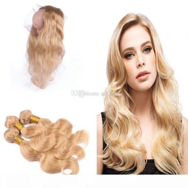 

brazilian body wave 27 human hair weaves with pre plucked 360 lace frontal honey blonde 360 lace frontal with 27 hair bundles, Black;brown