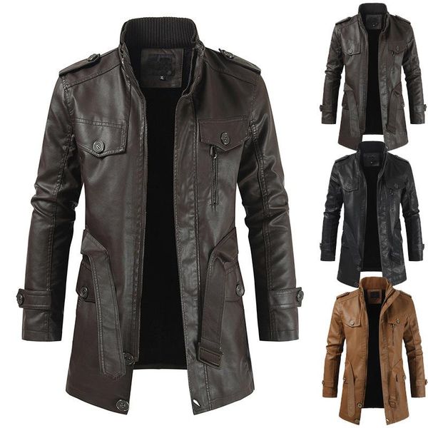 

men's fleece lined motorcycle pu faux leather jacket vintage warm winter coat for men, Black