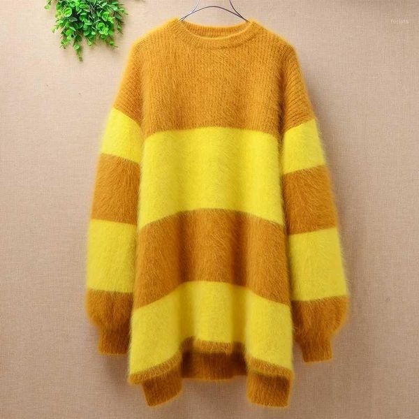 

thick warm lady women genuine mink cashmere loose stripes long lantern sleeves o-neck angora fur pullover sweater winter1, White;black