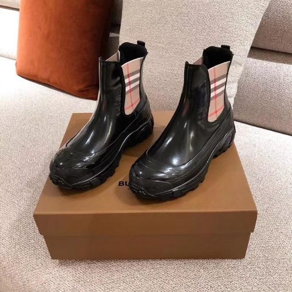 

designer womens boots black apricot check knit patchwork leather hedging round head low heel with box size 35-39