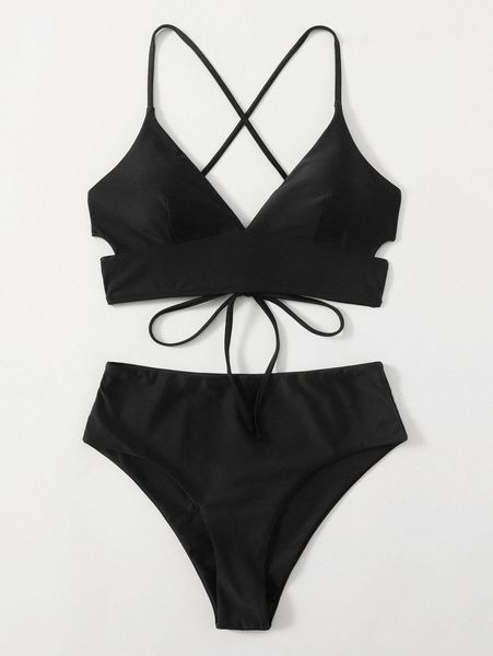 

solid lace-up back cut out bikini swimsuit b6rs#, White;black