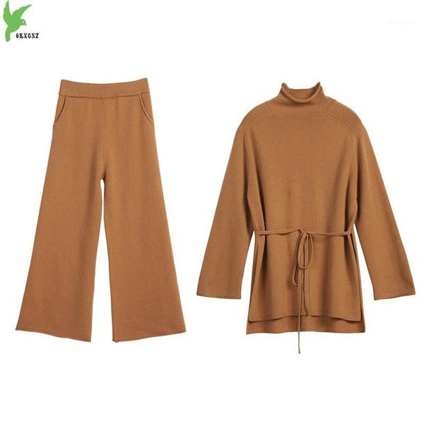 

okxgnz women sweater set wool cashmere wide leg pants suit 2 piece set women turtleneck bandage suit two piece1, Gray